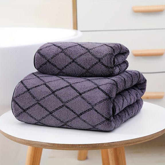 Ultra-Soft Microfiber Towel Set - Quick-Dry, Absorbent Bath & Bath Towels with Diagonal Grid Design, Includes Wearable Hooks for Easy Storage - Perfect for Bathroom & Bedroom