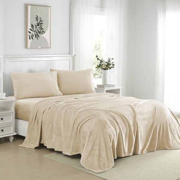 Ultra Soft Microplush Solid Fleece Sheet Set, Beige - Queen