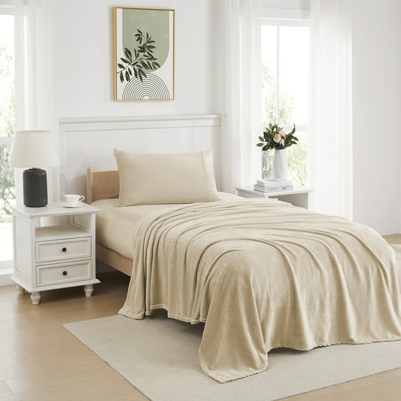 Ultra Soft Microplush Solid Fleece Sheet Set, Beige - Twin