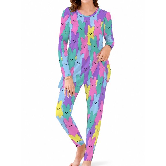 Ultra Soft Milk Silk Pajamas for Women Long Sleeve Top and Pants Set Easter Peep Bunnies Sleepwear