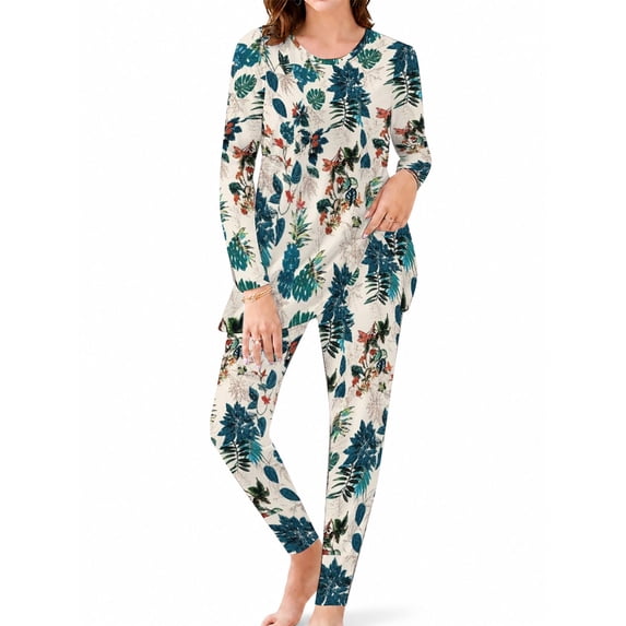 Ultra Soft Milk Silk Pajamas for Women Long Sleeve Top and Pants Set Tropical Botanical Sleepwear