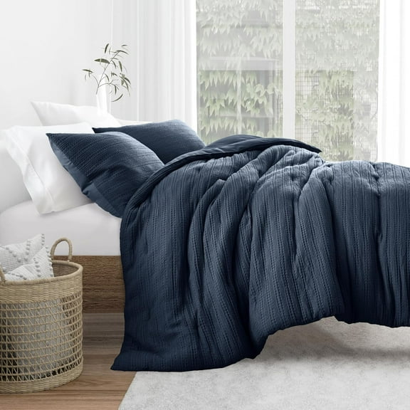 Ultra Soft Navy Waffle Textured 3 Piece Comforter Set for King Bedding