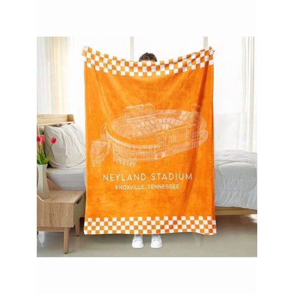 Ultra-Soft Orange Fleece Throw Blanket With Neyland Stadium Sketch & Checkerboard Trim, Cozy Warm Flannel For Couch Bed Sofa, Knoxville Tennessee Football Fan Decorative Blanket 50x60 Inches(280gsm)