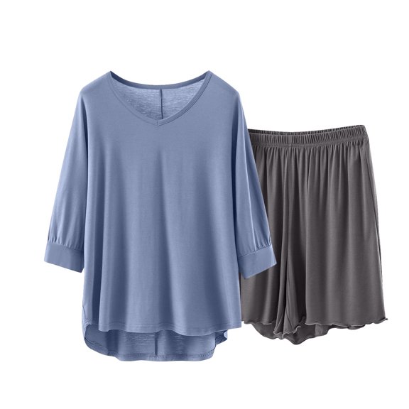 Ultra-Soft Pajama Set For Women-Solid Color V Neck 3/4 Sleeve Elastic Cuff Tops & Lace Trim Loose Shorts Summer Cooling Sets Lightweight Comfort Lounge Wear