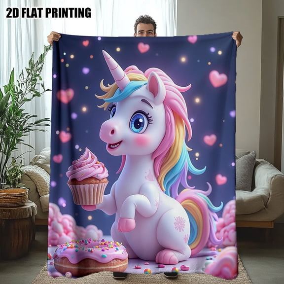 Ultra Soft Pastel Unicorn Birthday Blanket Twin Size Flannel Throw with Cupcake All Season Couch Bedspread for Girls Women Birthday Party Decor Perfect Gift for Unicorn Lovers Playful Print
