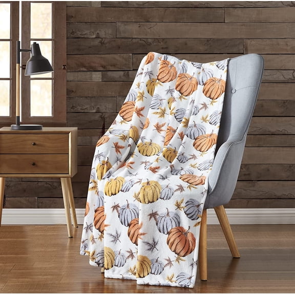 Ultra Soft & Plush Autumn & Halloween Chic Themed Oversized Accent Throw Blankets - Assorted Styles (Golden Pumpkins)
