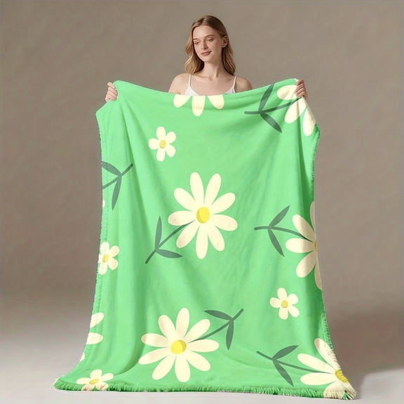 Ultra-Soft Plush Flannel Blanket with White Daisy & Lime Green Floral Pattern, Oversized All-Season Cozy Bedspread for Double/Queen Bed, Couch, Travel & Camping - Machine Washable Turquoise Gift