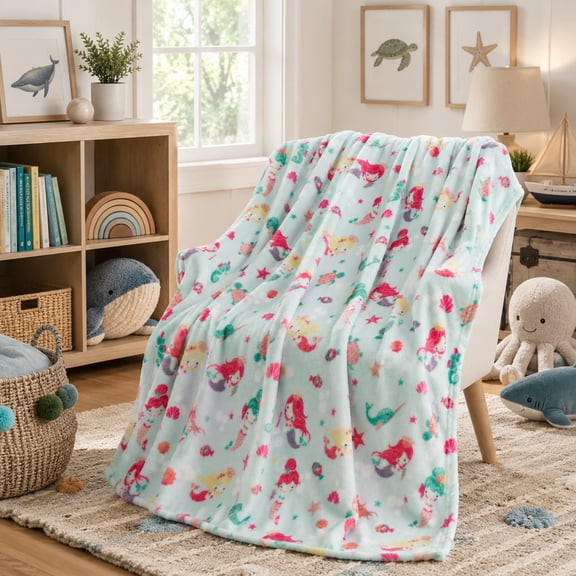 Ultra Soft & Plush Under The Sea Mermaid Princess, Seahorses & Fish Hypoallergenic Fleece Throw Blanket