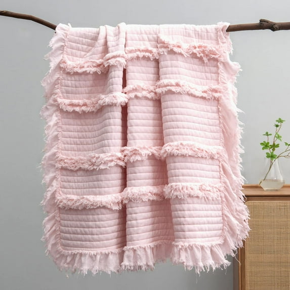 Ultra Soft Pre-Washed Quilted Throw Blanket, Ruffle Fringed Cream Boho Decorative Throw, Stone Washed Rustic Cozy Blanket for Sofa Couch Bed Chair, 50"x60"