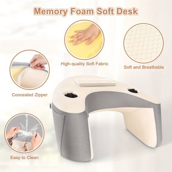 [Ultra Soft Reading Pillow] Ultra Soft Ergonomic Reading Pillow with Armrests - Removable Beige Cover, 2 Pockets & Cup Holders, Compact Size, Washable Design for Relaxing, Reading, Gaming