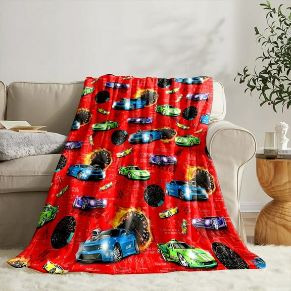 Ultra-Soft Red Sports Car Racing Print Flannel Throw Blanket Versatile Reversible for All Seasons Perfect for Bed Sofa Camping & Travel Machine Washable