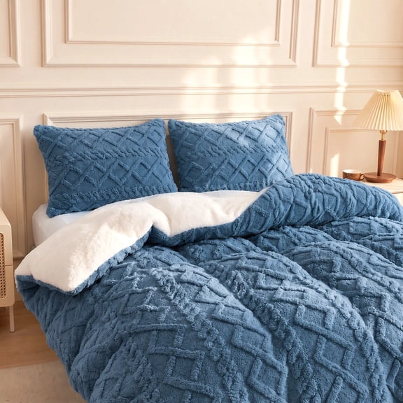 Ultra Soft Reversible Plush Comforter, Thick Warm Fluffy Bedding Comforter for Winter, Cozy Textured Bed Comforter Twin Size Blue
