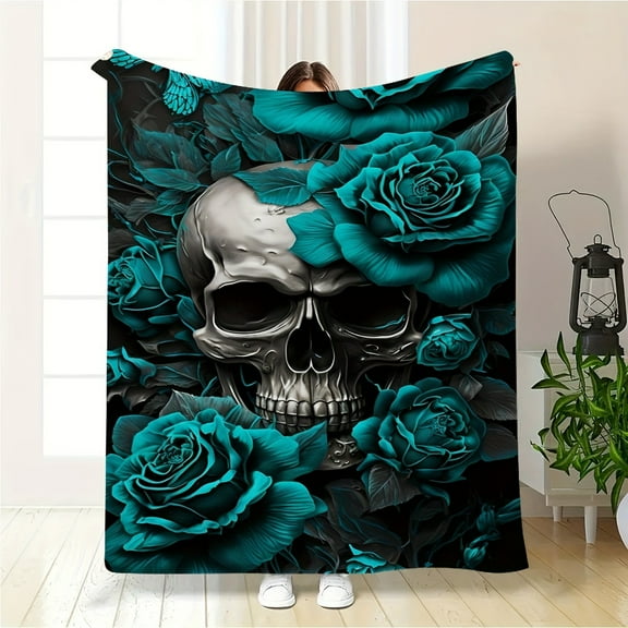 Ultra Soft Rose Skull Throw Blanket Vibrant Digital Print Machine Washable & Durable for All Seasons Perfect Gift for Youngsters Ideal for Couch Bed Office Camping & Travel