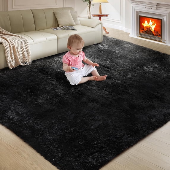 Ultra Soft Rug for Living Room, 4X6 Fluffy Shag Area Rug for Bedroom, Modern Shaggy Carpets Fuzzy Rug for Teens Dorm Nursery Home Decor Aesthetic, Upgrade Anti-Skid Durable, Black