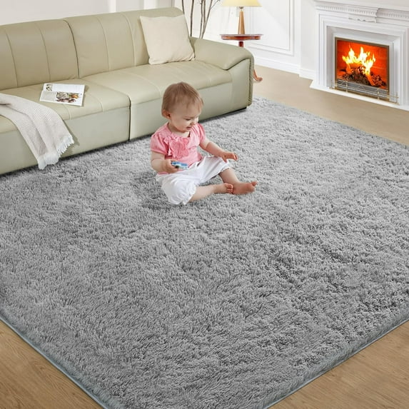 Ultra Soft Rug for Living Room, 8X10 Light Grey Fluffy Shag Area Rug for Bedroom, Modern Shaggy Carpets Fuzzy Rug for Teens Dorm Nursery Home Decor Aesthetic, Upgrade Anti-Skid Durable