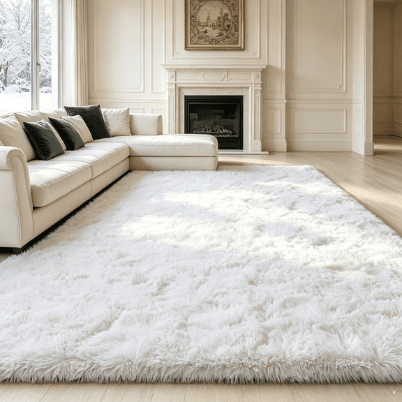 Ultra Soft Rug for Living Room, 9'x12' Fluffy Shag Area Rug for Bedroom, Dorm Bedside Modern Home Decor, Cream White