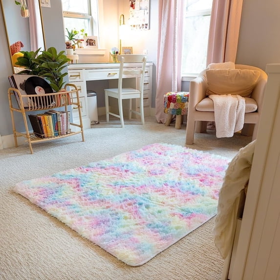 Cshidworld Ultra Soft Rug for Living Room, 4X6 Fluffy Area Rug for Bedroom, Modern Shaggy Carpets Fuzzy Rug for Teens Dorm Bedside Home Decor Aesthetic, Heavy Duty Non Slip, Rainbow
