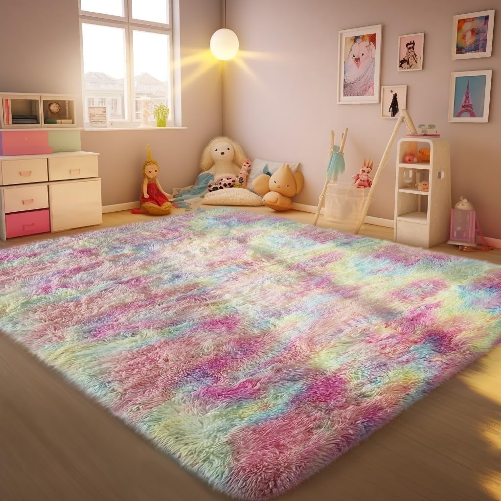 Fuzzy Colorful Rug Cshidworld Ultra Soft Rug for Living Room Bedroom 5x8 Rainbow Shaggy ...