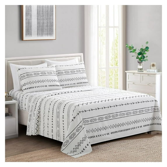 Ultra Soft Silky Deep Pocket Rich Printed Bedding Rayon from Bamboo All Season 4 Pieces Sheet Set with 2 Pillowcases, Simplify Modern Geometric Pattern /Single Size