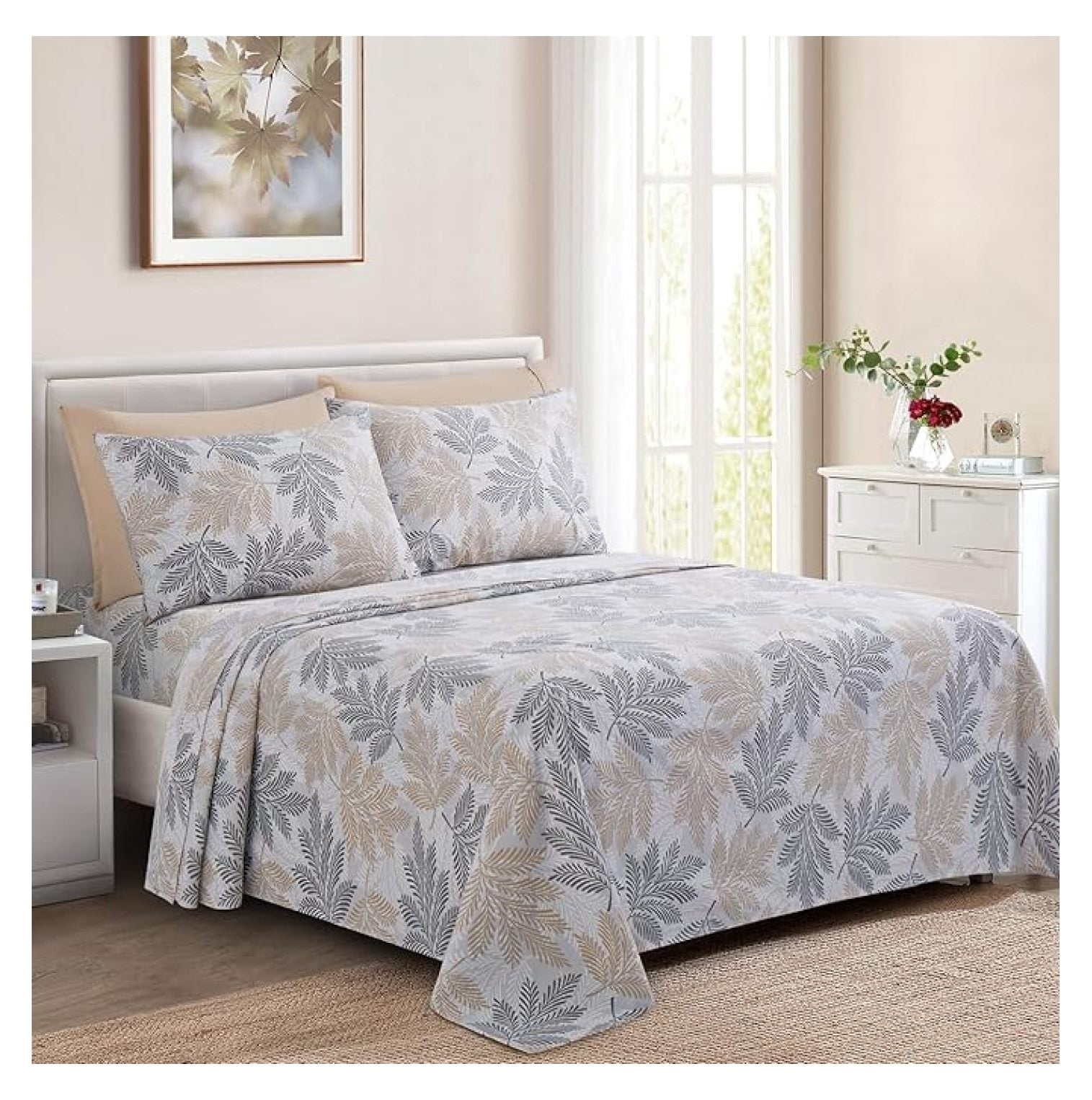Ultra Soft Silky Deep Pocket Rich Printed Bedding Rayon from Bamboo All Season 4 Pieces Sheet Set with 2 Pillowcases, Taupe Grey Leaves Pattern Twin/Single Size