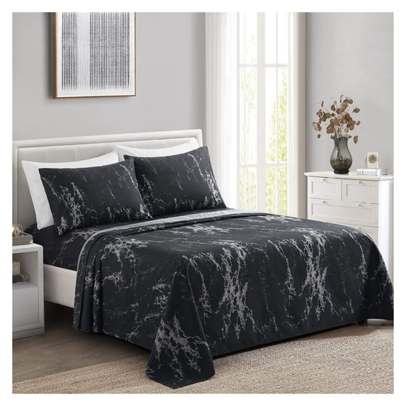 Ultra Soft Silky Deep Pocket Rich Printed Bedding Rayon from Bamboo All Season 6 Pieces Sheet Set with 4 Pillowcases, Modern Black Marble Pattern Queen Size