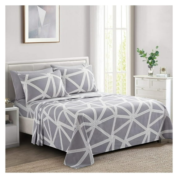 Ultra Soft Silky Deep Pocket Rich Printed Bedding Rayon from Bamboo All Season 6 Pieces Sheet Set with 4 Pillowcases, Modern Triangle Geometric Pattern King Size