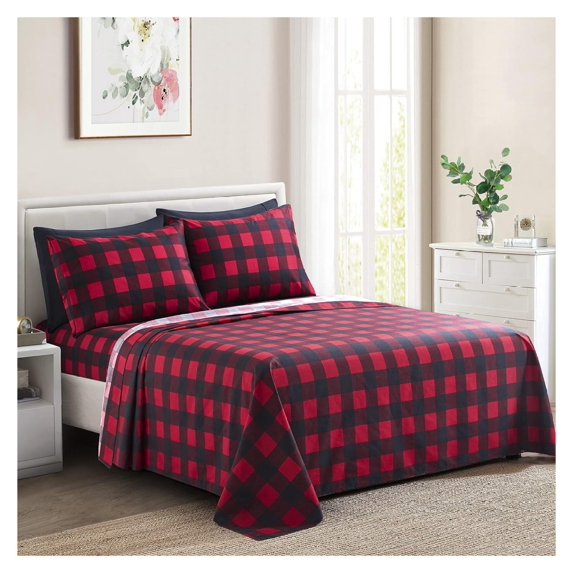 Ultra Soft Silky Deep Pocket Rich Printed Bedding Rayon from Bamboo All Season 6 Pieces Sheet Set with 4 Pillowcases, Red Black Plaid Pattern Queen Size