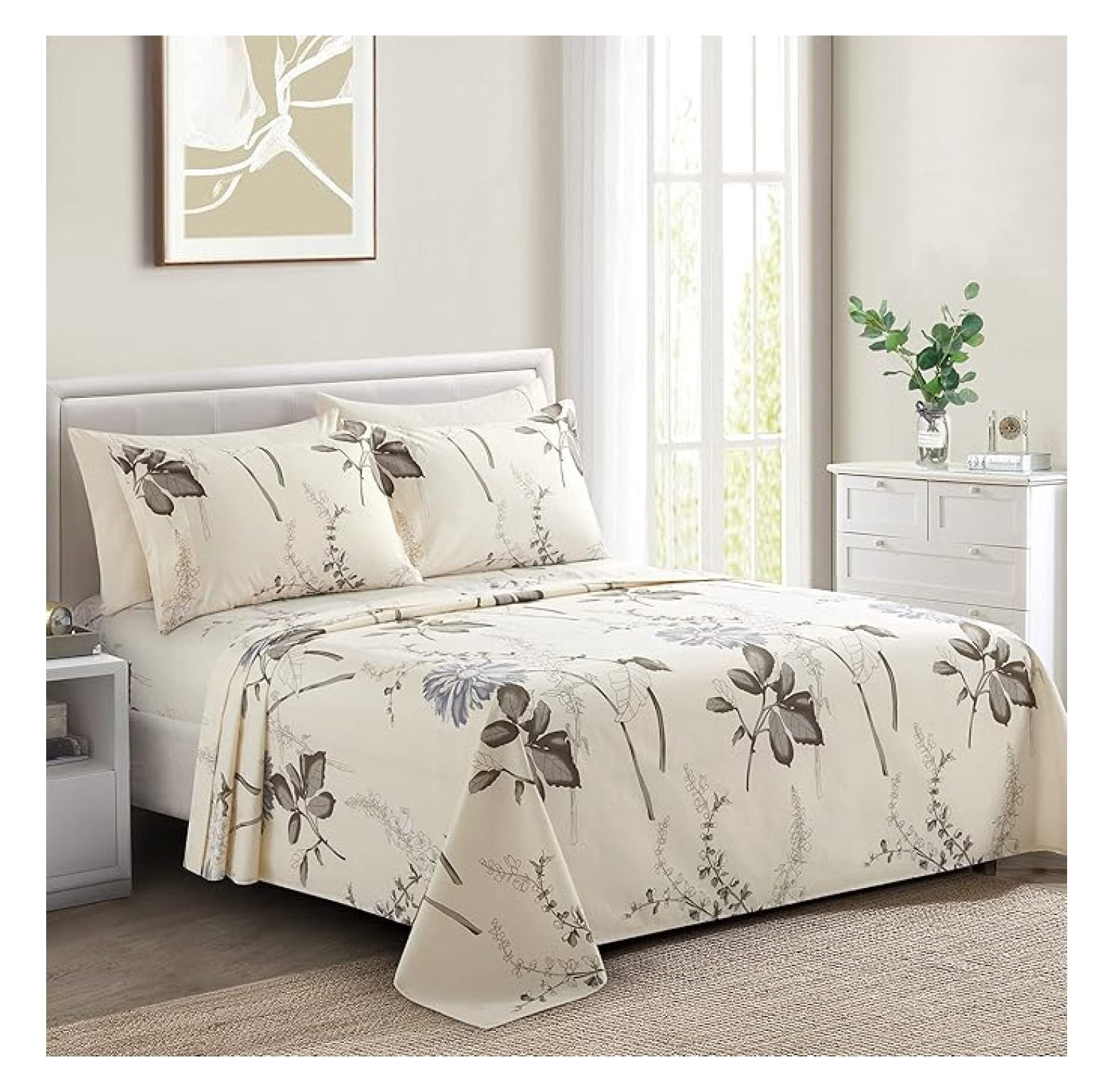 Ultra Soft Silky Deep Pocket Rich Printed Bedding Rayon Derived from Bamboo All Season 6 Pieces Sheet Set with 4 Pillowcases, Blue Chrysanthemum Floral Pattern Queen Size