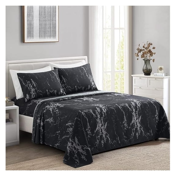 Ultra Soft Silky Deep Pocket Rich Printed Bedding Rayon Derived from Bamboo All Season 6 Pieces Sheet Set with 4 Pillowcases, Modern Black Marble Pattern King Size
