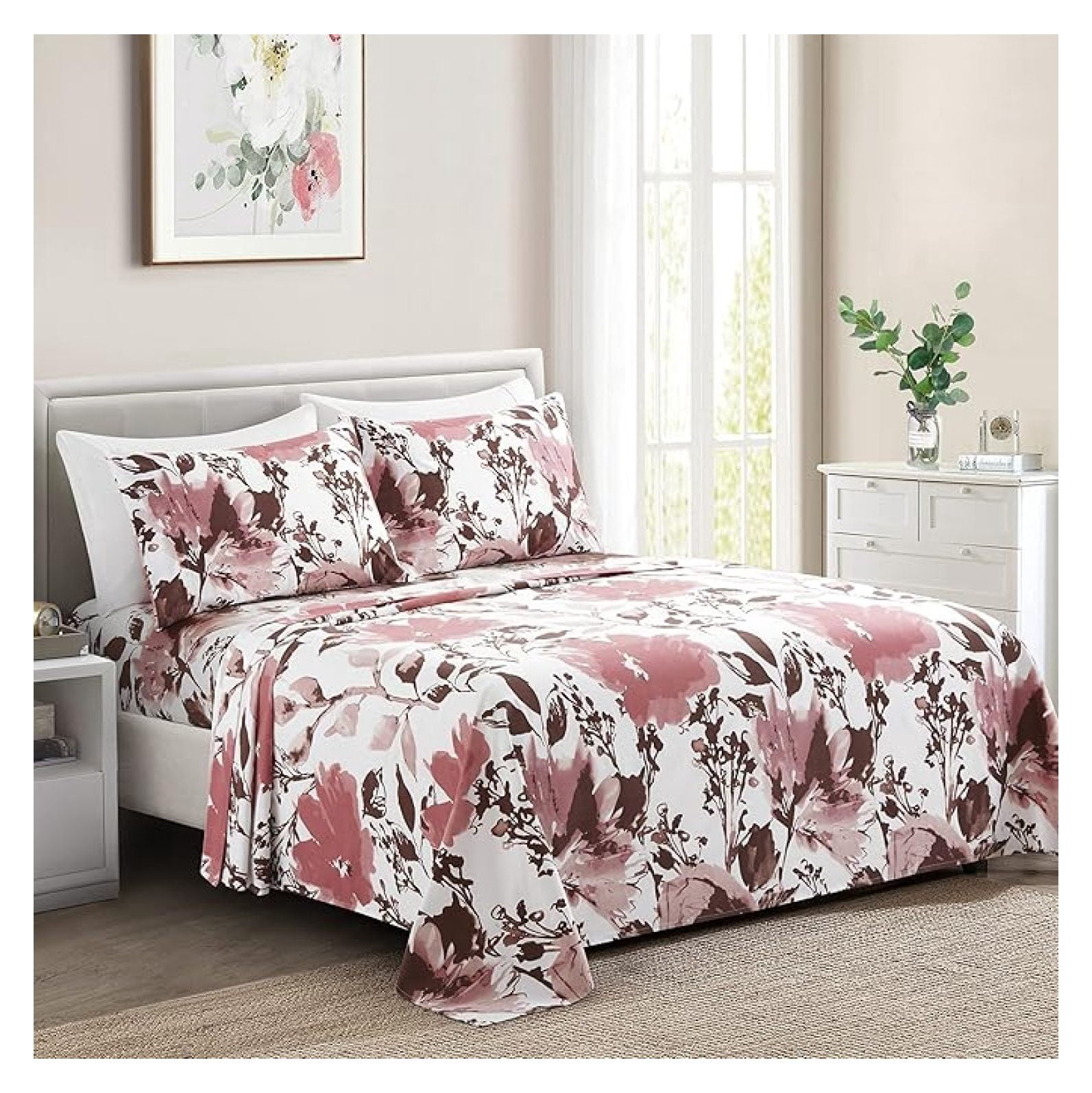 Ultra Soft Silky Deep Pocket Rich Printed Bedding Rayon Derived from Bamboo All Season 6 Pieces Sheet Set with 4 Pillowcases, Pink Red Floral Pattern King Size