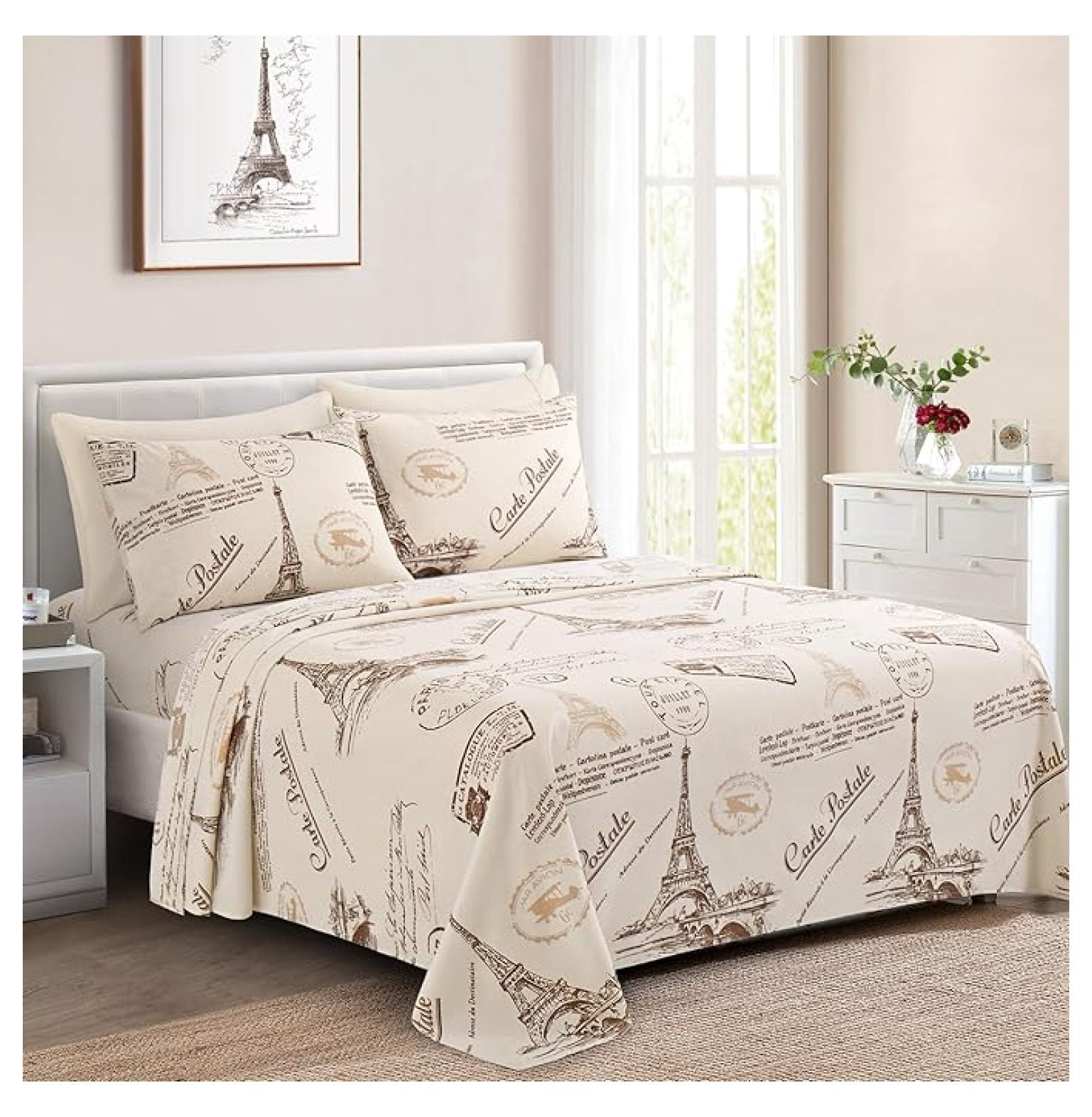 Ultra Soft Silky Deep Pocket Rich Printed Bedding Rayon from Bamboo All Season 6 Pieces Sheet Set with 4 Pillowcases, Eiffel Tower Pattern King Size