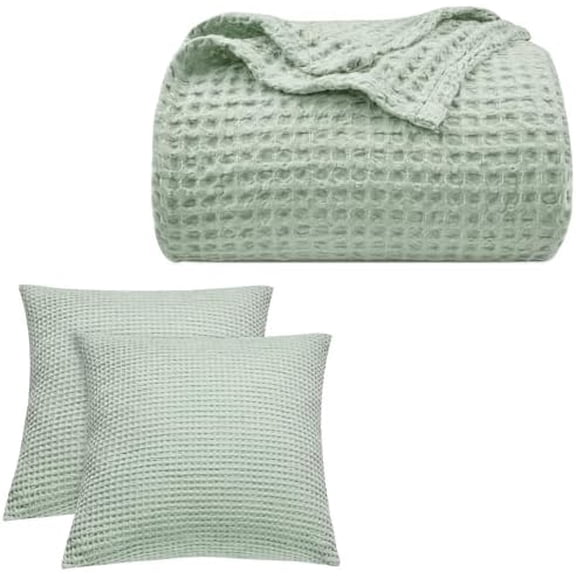 Ultra Soft Summer Waffle Beeding Set- Sage Green Euro Shams and Blanket$$Bedding