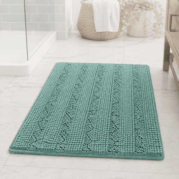 PrimeBeau Chenille Shaggy Rug Striped Microfiber Polyester Bath Rugs, 20" x 32", Machine Washable, Duckegg Shell Color