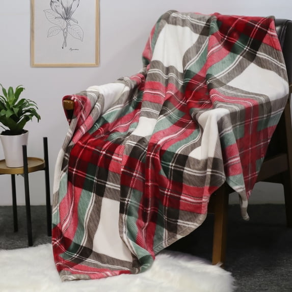 Ultra Soft Throw Blanket with Plaid, Cozy Flannel Fleece Luxury Blanket for Bed, Sofa and Couch Red 50 x 60 inch