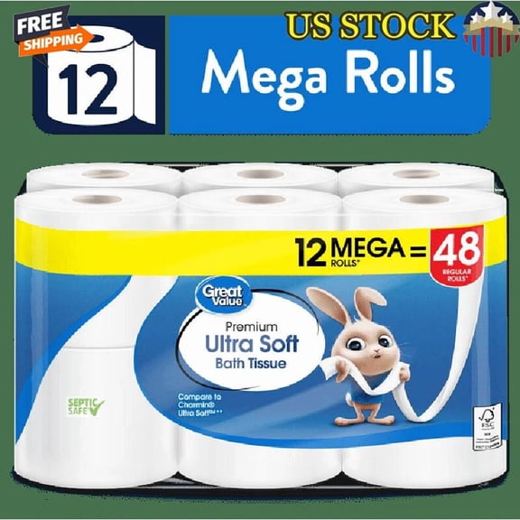 Ultra Soft Toilet Paper 12 Mega Rolls 2 Ply Absorbent Strong Gentle Clean New