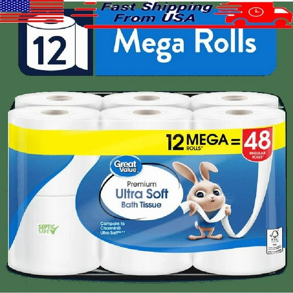 Ultra Soft Toilet Paper 12 Mega Rolls 2-Ply Absorbent Washcloth-Like Cleaning Us