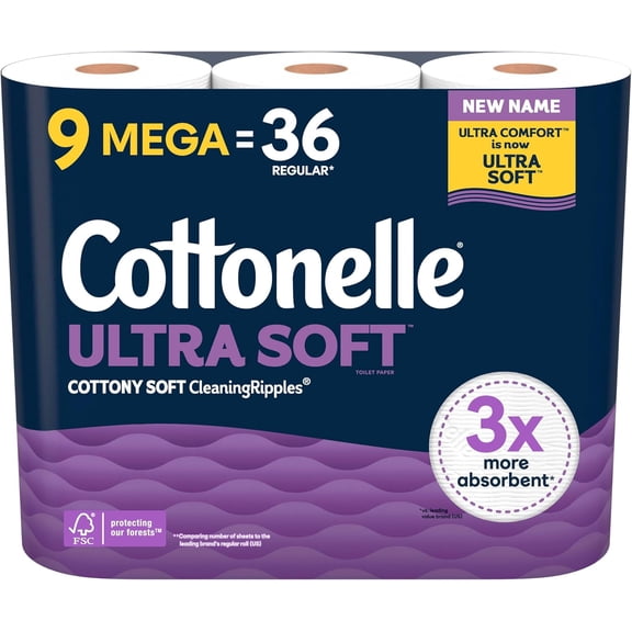 Ultra Soft Toilet Paper, 9 Mega Rolls = 36 Regular Rolls, Packaging May Vary
