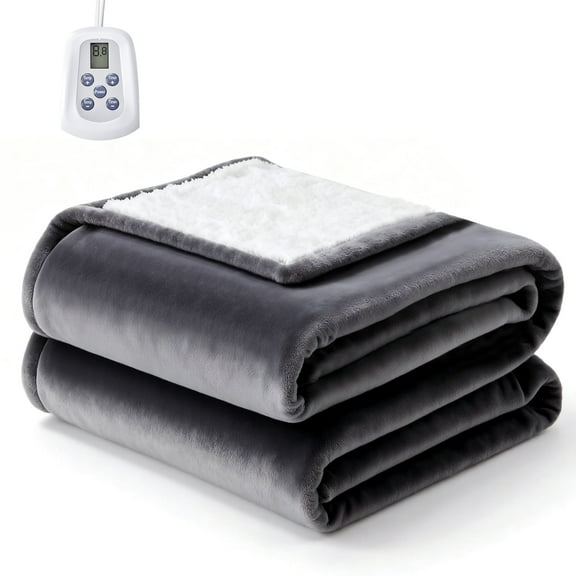 Ultra-Soft Twin Size Electric Heated Blanket - Machine Washable with 10 Heat Settings & Auto Shut-Off, Grey