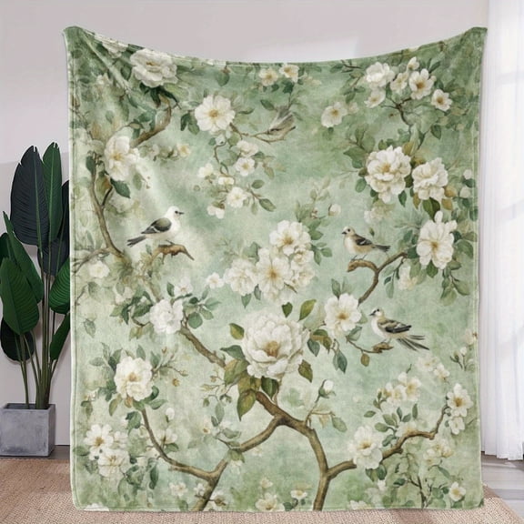 Ultra-Soft Vintage Floral & Bird Print Flannel Blanket – Cozy Lightweight Throw with Olive Green Background, All-Season Warm Gift for Sofa, Bed, Car, Office & Travel