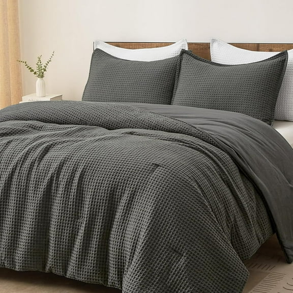 Ultra Soft Waffle Weave Comforter Set King Size, 3 Pieces Lightweight Breathable Comfy Bedding Set, Comfy Textured 1 Comforter with 2 Pillow Shams, Grey