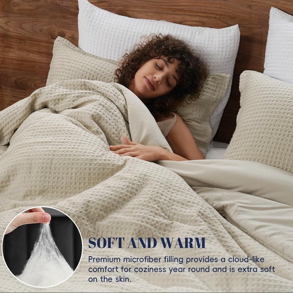 Ultra Soft Waffle Weave Comforter Set Queen Size, 3 Pieces Lightweight Breathable Comfy Bedding Set, Comfy Textured 1 Comforter with 2 Pillow Shams, Linen