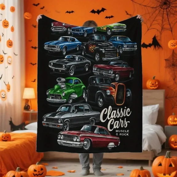 Ultra-Soft & Warm Flannel Throw Blanket - Classic Cars Pattern with 1960s-70s Retro Muscle Cars Print, Lightweight All-Season Bedspread for Couch, Bed
