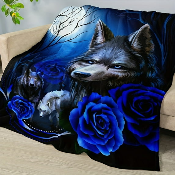 Ultra-Soft Wolf & Blue Rose Flannel Throw Blanket Cozy Durable Vintage Style with Realistic Wolf & Moon Design Perfect for Couch Bed Office Travel Ideal Gift for Thanksgiving & Christmas