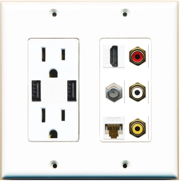 Ultra Spec Cables 1 Port HDMI Cat6 Coax Composite RCA Wall Plate w/2 USB-Charger Power Outlet
