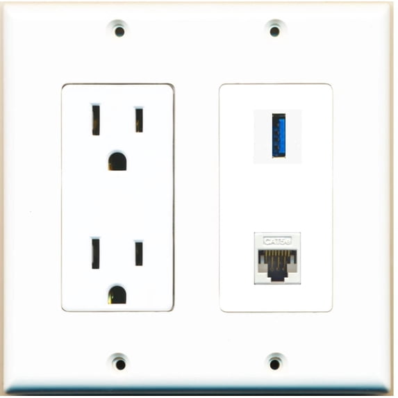 Ultra Spec Cables 1 Port USB 3.0 A-A Cat5e Ethernet Wall Plate w/Power Outlet