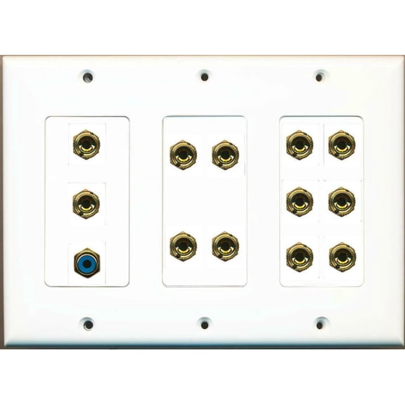 Ultra Spec Cables 12 Banana Jack For 6 Speakers 1 RCA Blue 3 Gang Wall Plate