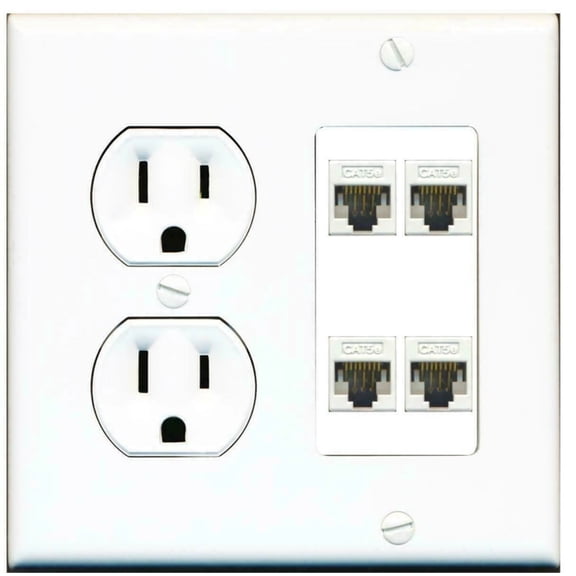 Ultra Spec Cables 15 Amp Duplex Round Power Outlet 4 Port Cat5e Ethernet Wall Plate
