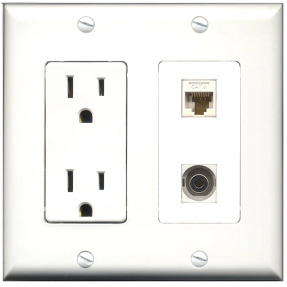Ultra Spec Cables 15 Amp Power Outlet 1 Port 3.5mm Cat6 Ethernet Wall Plate w/Female/Female Jacks