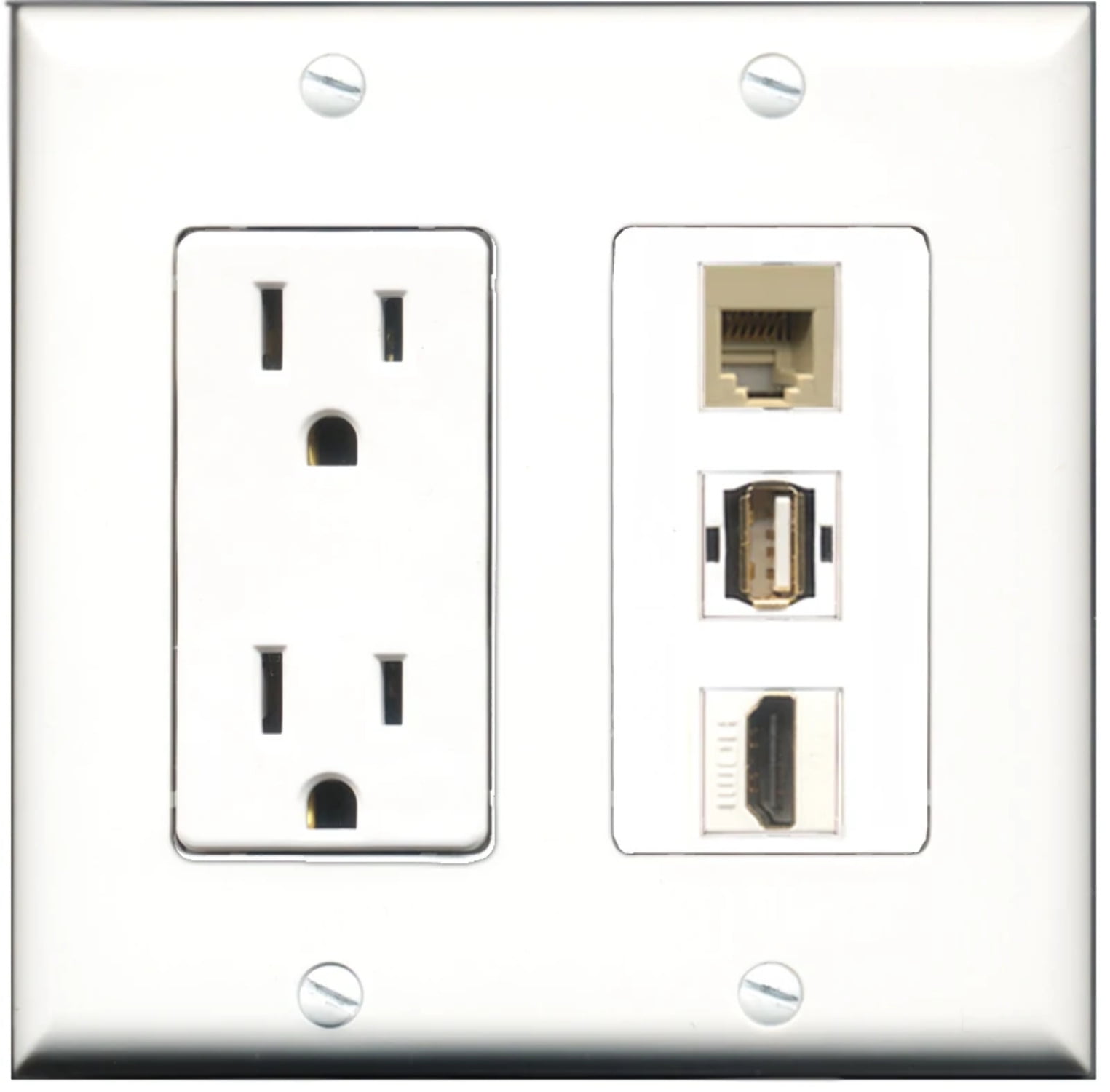 Ultra Spec Cables 15 Amp Power Outlet 1 Port HDMI 1 Port USB A-A 1 Port Phone RJ11 RJ12 Beige Wall Plate