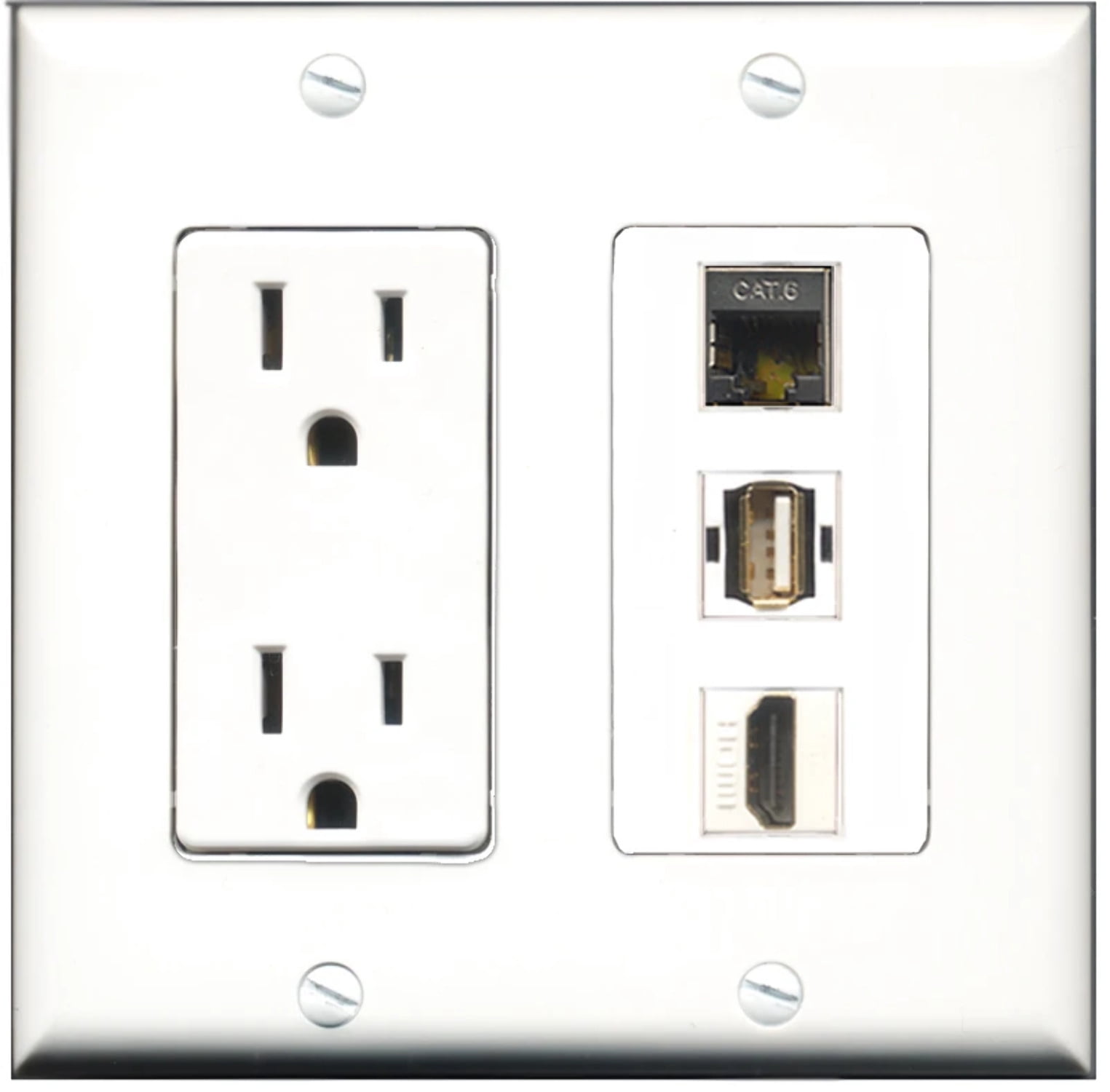 Ultra Spec Cables 15 Amp Power Outlet 1 Port HDMI 1 Port USB A-A 1 Port Shielded Cat6 Wall Plate